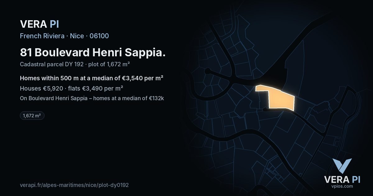 81 Boulevard Henri Sappia, Nice at night – the plot lit, the parcels around coloured by the prices near them