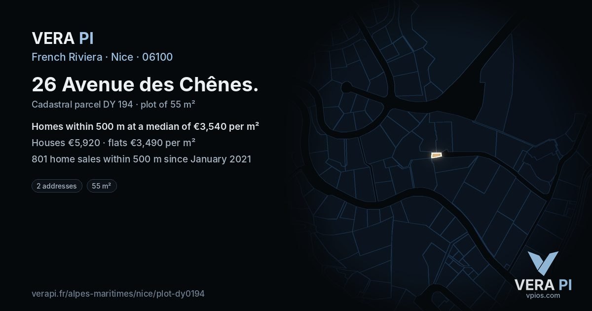26 Avenue des Chênes, Nice at night – the plot lit, the parcels around coloured by the prices near them