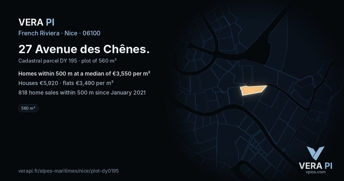 27 Avenue des Chênes, Nice at night – the plot lit, the parcels around coloured by the prices near them