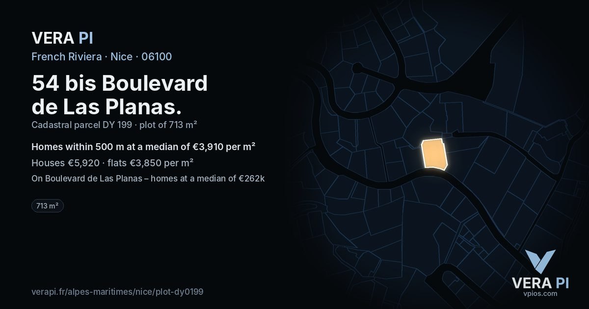 54 bis Boulevard de Las Planas, Nice at night – the plot lit, the parcels around coloured by the prices near them