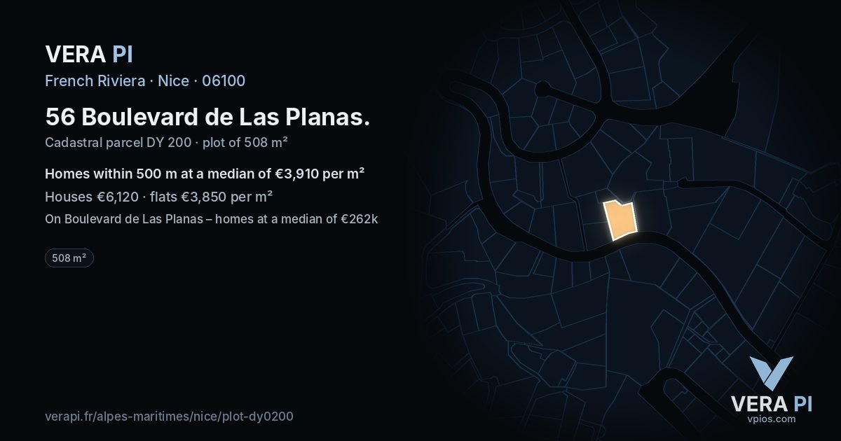 56 Boulevard de Las Planas, Nice at night – the plot lit, the parcels around coloured by the prices near them