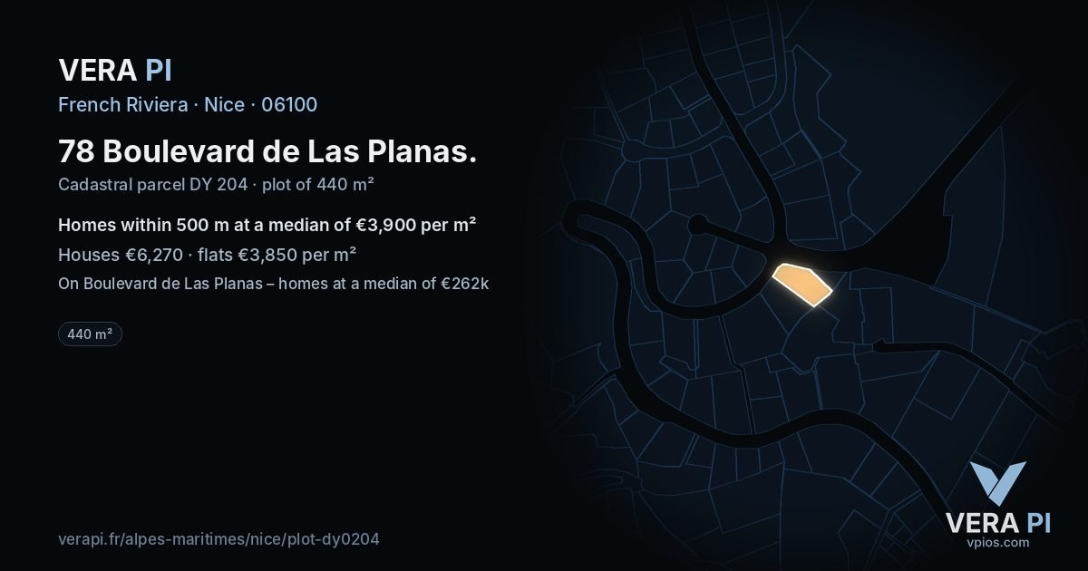 78 Boulevard de Las Planas, Nice at night – the plot lit, the parcels around coloured by the prices near them