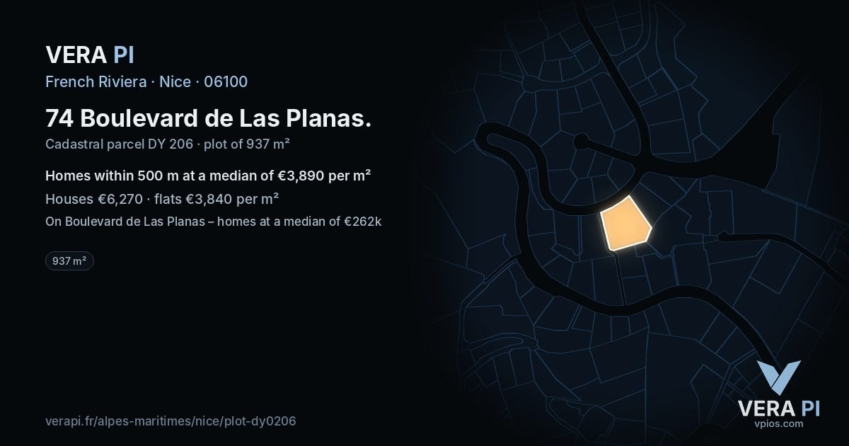 74 Boulevard de Las Planas, Nice at night – the plot lit, the parcels around coloured by the prices near them