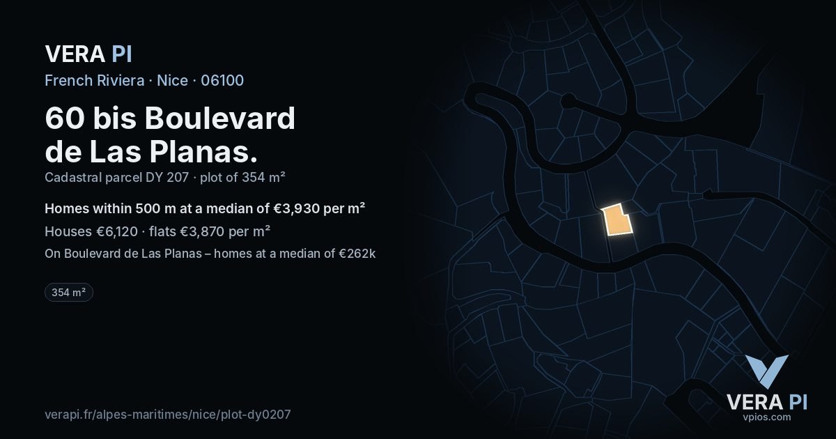 60 bis Boulevard de Las Planas, Nice at night – the plot lit, the parcels around coloured by the prices near them