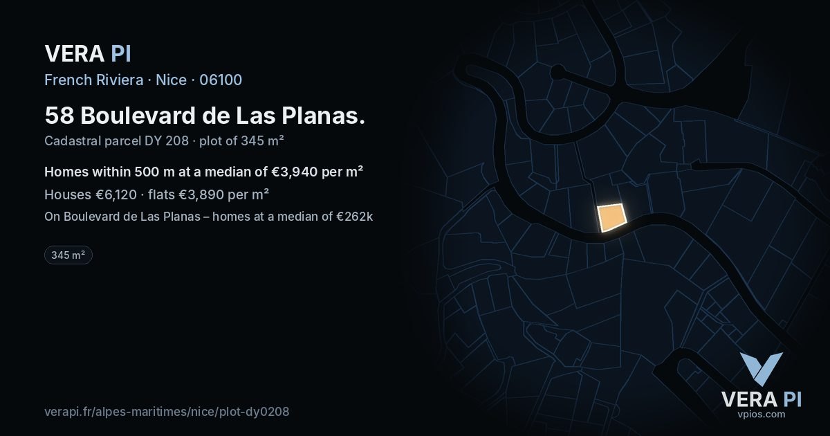 58 Boulevard de Las Planas, Nice at night – the plot lit, the parcels around coloured by the prices near them