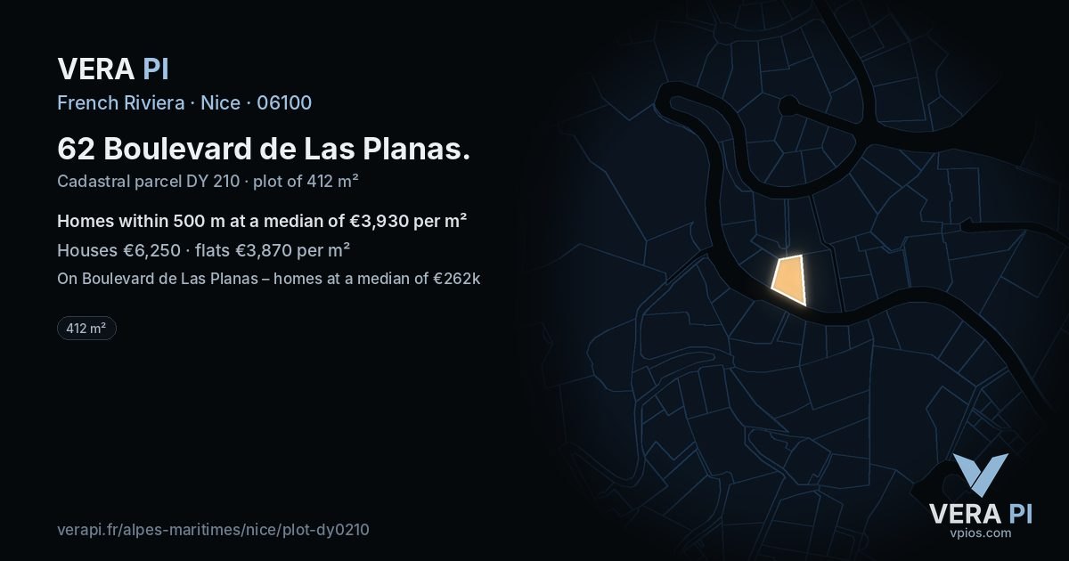 62 Boulevard de Las Planas, Nice at night – the plot lit, the parcels around coloured by the prices near them