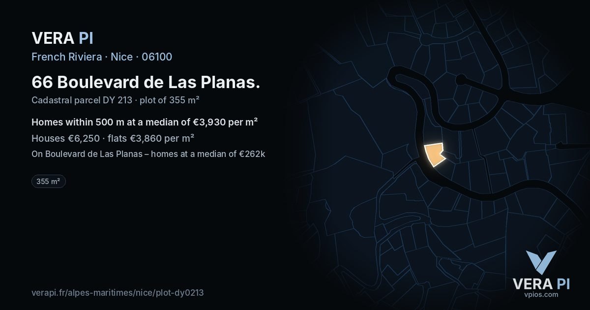 66 Boulevard de Las Planas, Nice at night – the plot lit, the parcels around coloured by the prices near them