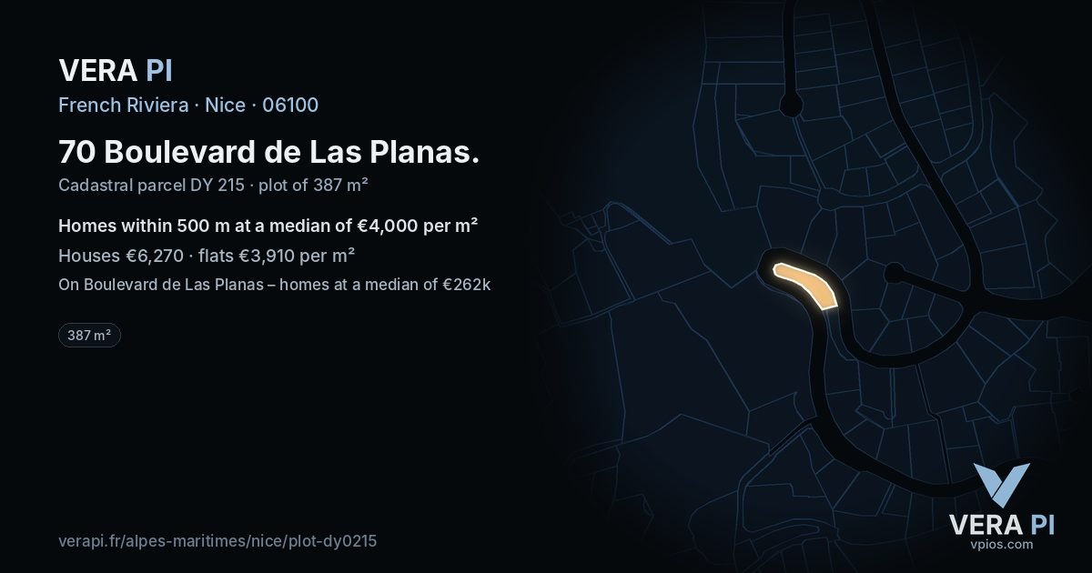 70 Boulevard de Las Planas, Nice at night – the plot lit, the parcels around coloured by the prices near them