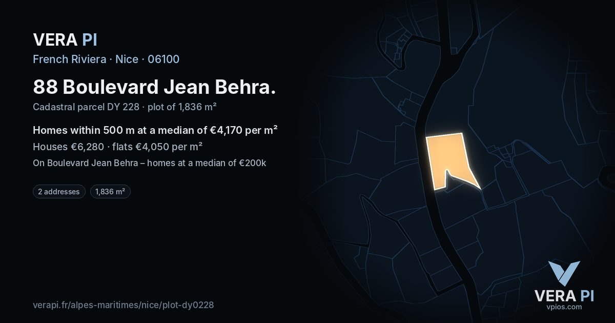 88 Boulevard Jean Behra, Nice at night – the plot lit, the parcels around coloured by the prices near them