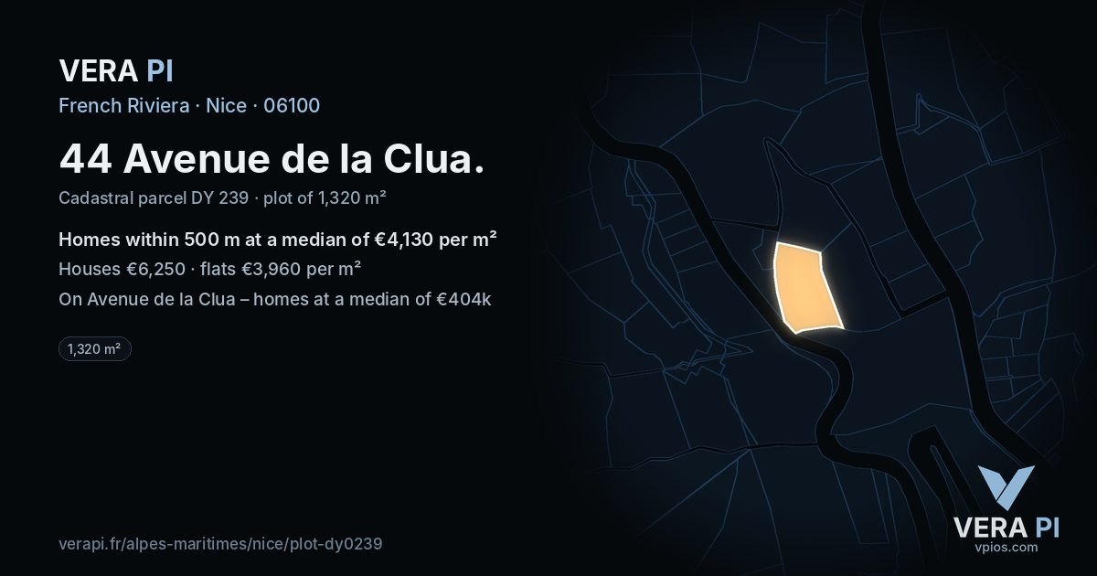44 Avenue de la Clua, Nice at night – the plot lit, the parcels around coloured by the prices near them
