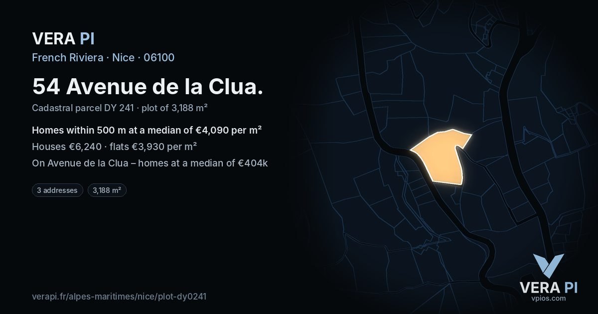 54 Avenue de la Clua, Nice at night – the plot lit, the parcels around coloured by the prices near them