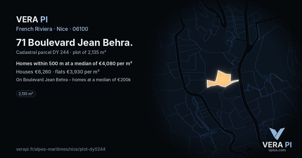 71 Boulevard Jean Behra, Nice at night – the plot lit, the parcels around coloured by the prices near them