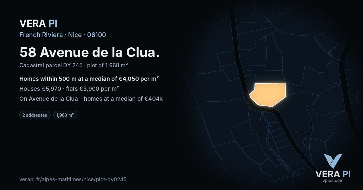 58 Avenue de la Clua, Nice at night – the plot lit, the parcels around coloured by the prices near them