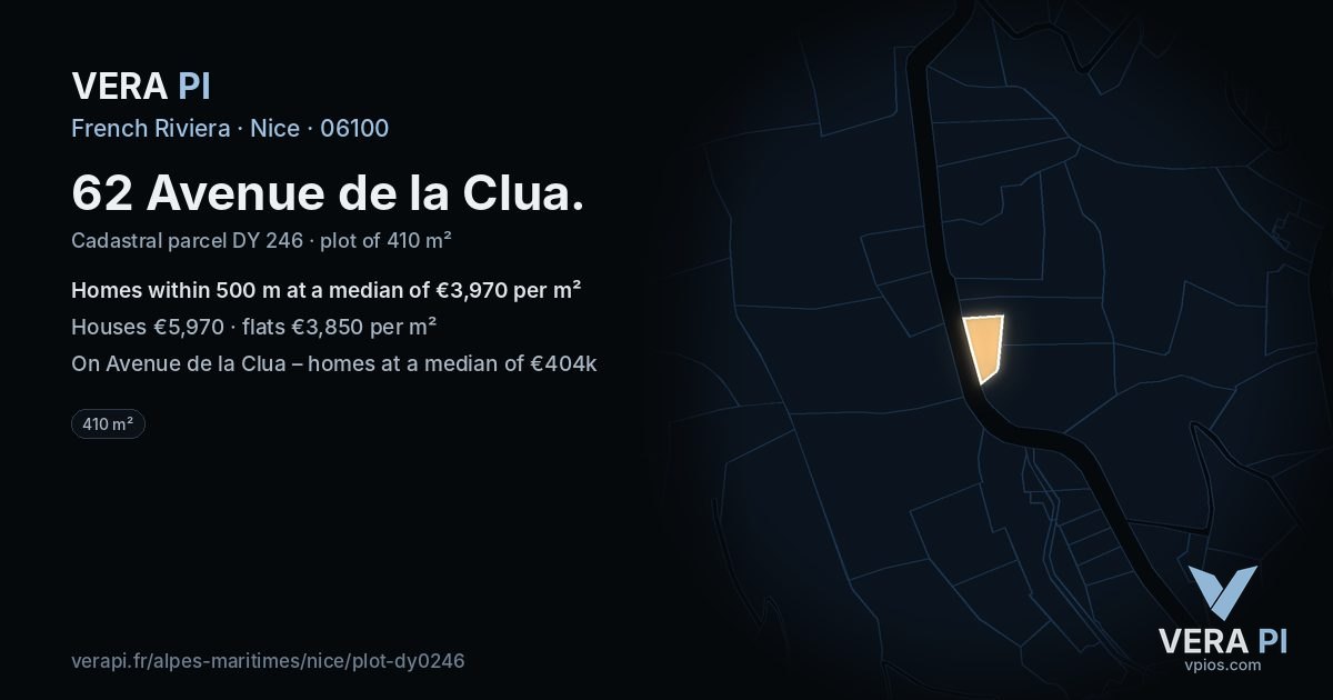 62 Avenue de la Clua, Nice at night – the plot lit, the parcels around coloured by the prices near them