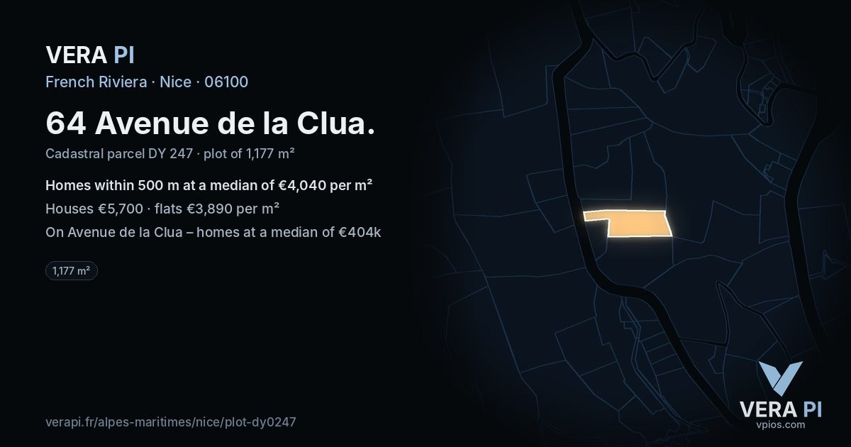64 Avenue de la Clua, Nice at night – the plot lit, the parcels around coloured by the prices near them