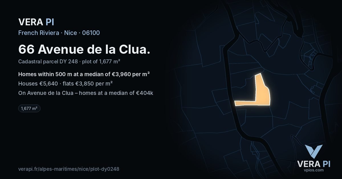 66 Avenue de la Clua, Nice at night – the plot lit, the parcels around coloured by the prices near them