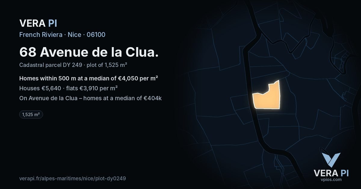68 Avenue de la Clua, Nice at night – the plot lit, the parcels around coloured by the prices near them