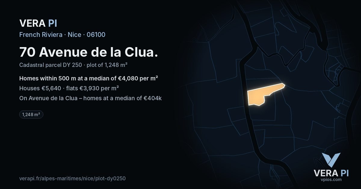 70 Avenue de la Clua, Nice at night – the plot lit, the parcels around coloured by the prices near them
