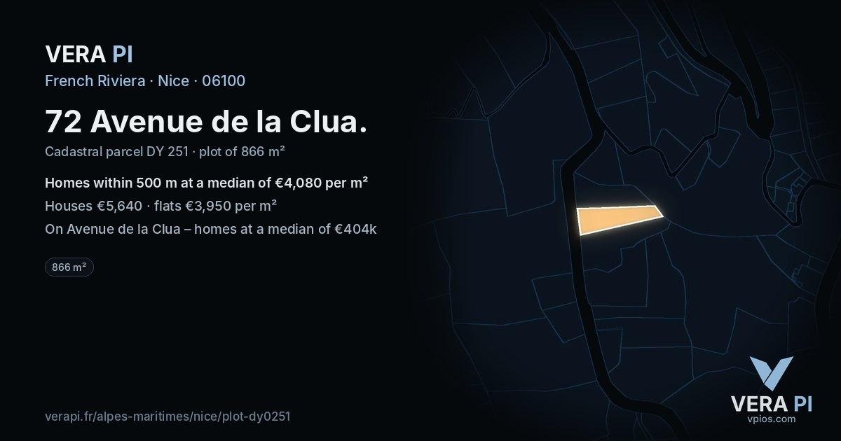 72 Avenue de la Clua, Nice at night – the plot lit, the parcels around coloured by the prices near them