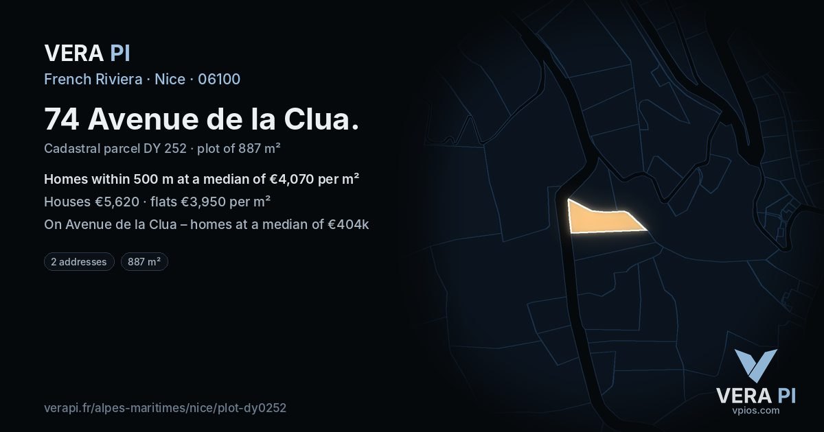 74 Avenue de la Clua, Nice at night – the plot lit, the parcels around coloured by the prices near them