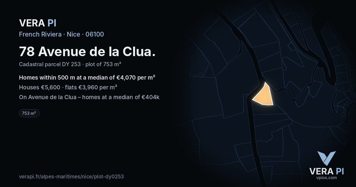 78 Avenue de la Clua, Nice at night – the plot lit, the parcels around coloured by the prices near them