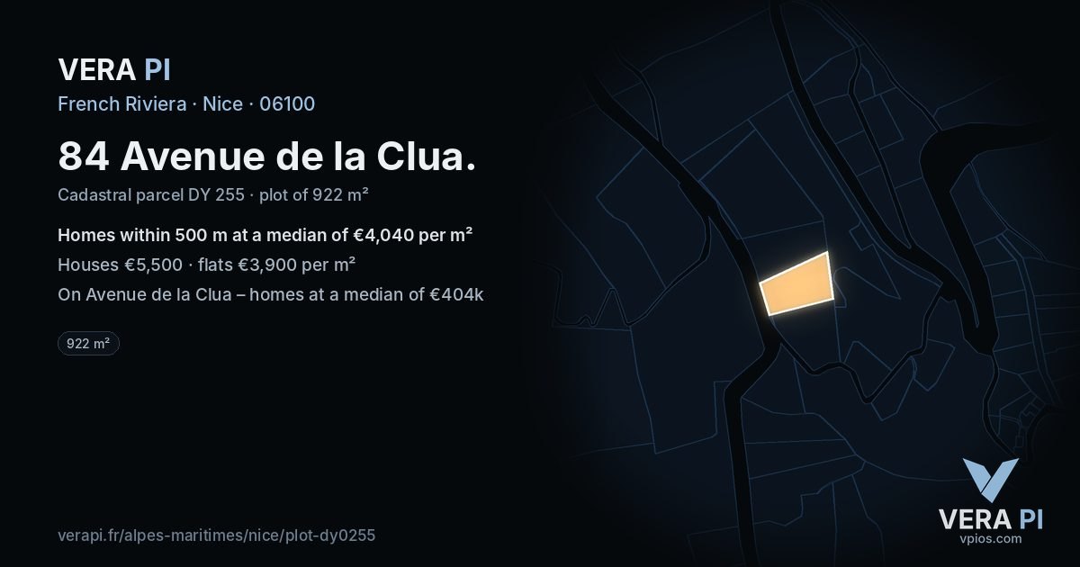 84 Avenue de la Clua, Nice at night – the plot lit, the parcels around coloured by the prices near them