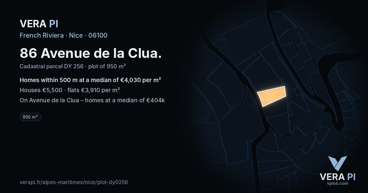 86 Avenue de la Clua, Nice at night – the plot lit, the parcels around coloured by the prices near them
