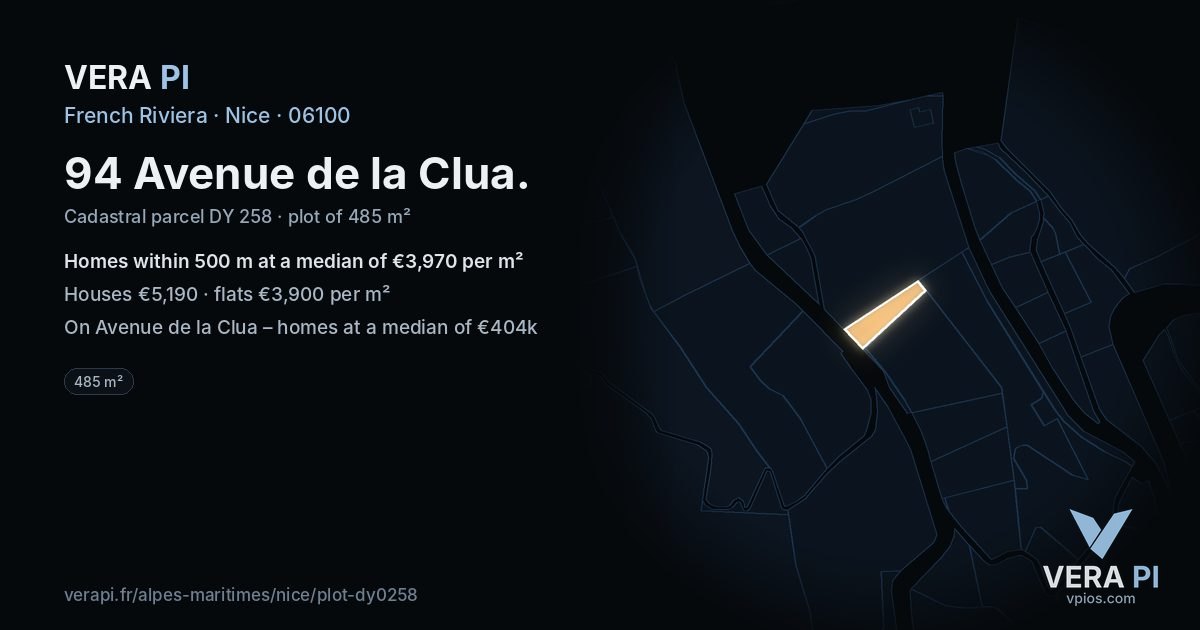 94 Avenue de la Clua, Nice at night – the plot lit, the parcels around coloured by the prices near them