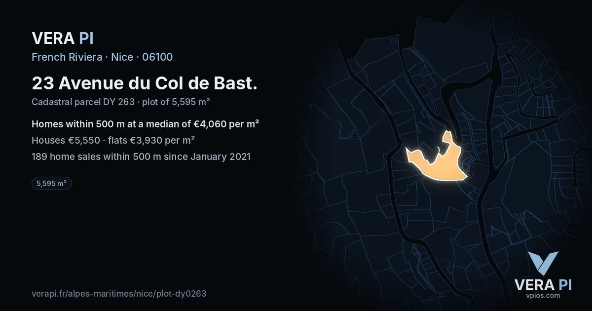 23 Avenue du Col de Bast, Nice at night – the plot lit, the parcels around coloured by the prices near them