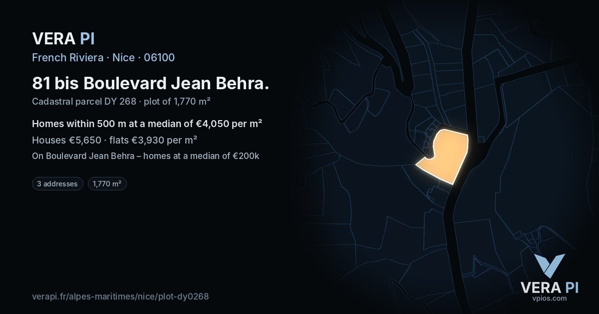 81 bis Boulevard Jean Behra, Nice at night – the plot lit, the parcels around coloured by the prices near them