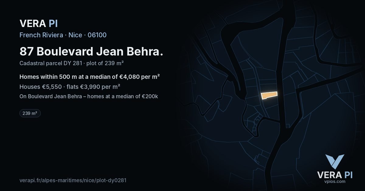 87 Boulevard Jean Behra, Nice at night – the plot lit, the parcels around coloured by the prices near them
