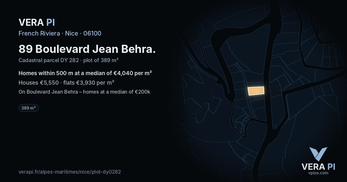 89 Boulevard Jean Behra, Nice at night – the plot lit, the parcels around coloured by the prices near them