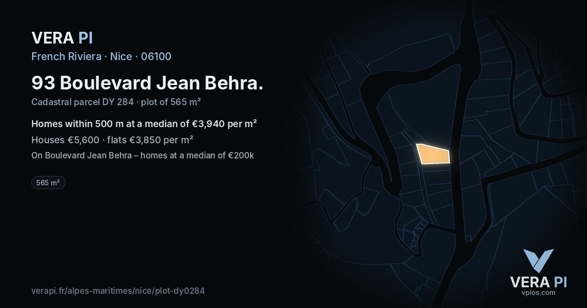 93 Boulevard Jean Behra, Nice at night – the plot lit, the parcels around coloured by the prices near them