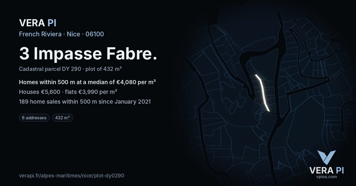 3 Impasse Fabre, Nice at night – the plot lit, the parcels around coloured by the prices near them