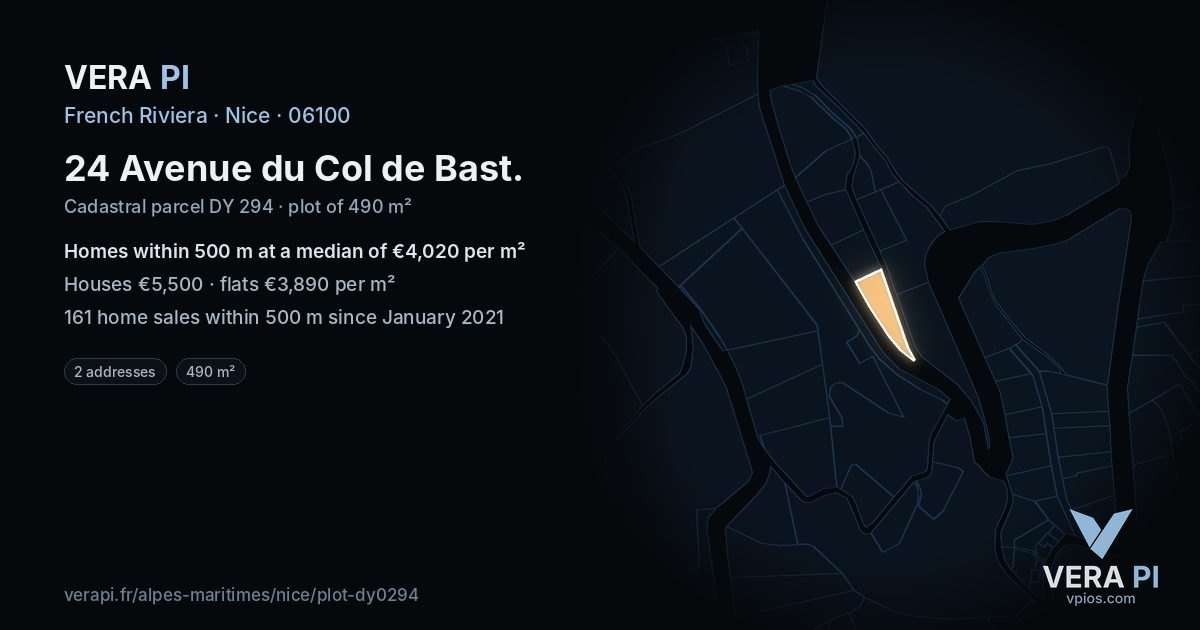24 Avenue du Col de Bast, Nice at night – the plot lit, the parcels around coloured by the prices near them