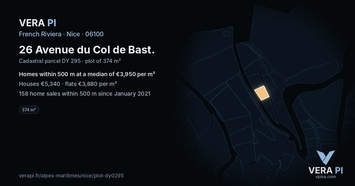 26 Avenue du Col de Bast, Nice at night – the plot lit, the parcels around coloured by the prices near them