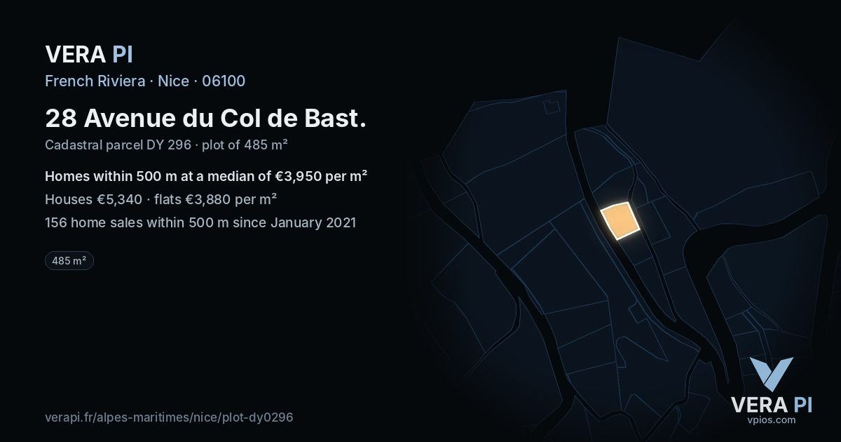 28 Avenue du Col de Bast, Nice at night – the plot lit, the parcels around coloured by the prices near them