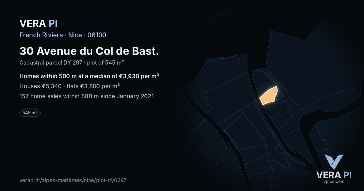 30 Avenue du Col de Bast, Nice at night – the plot lit, the parcels around coloured by the prices near them