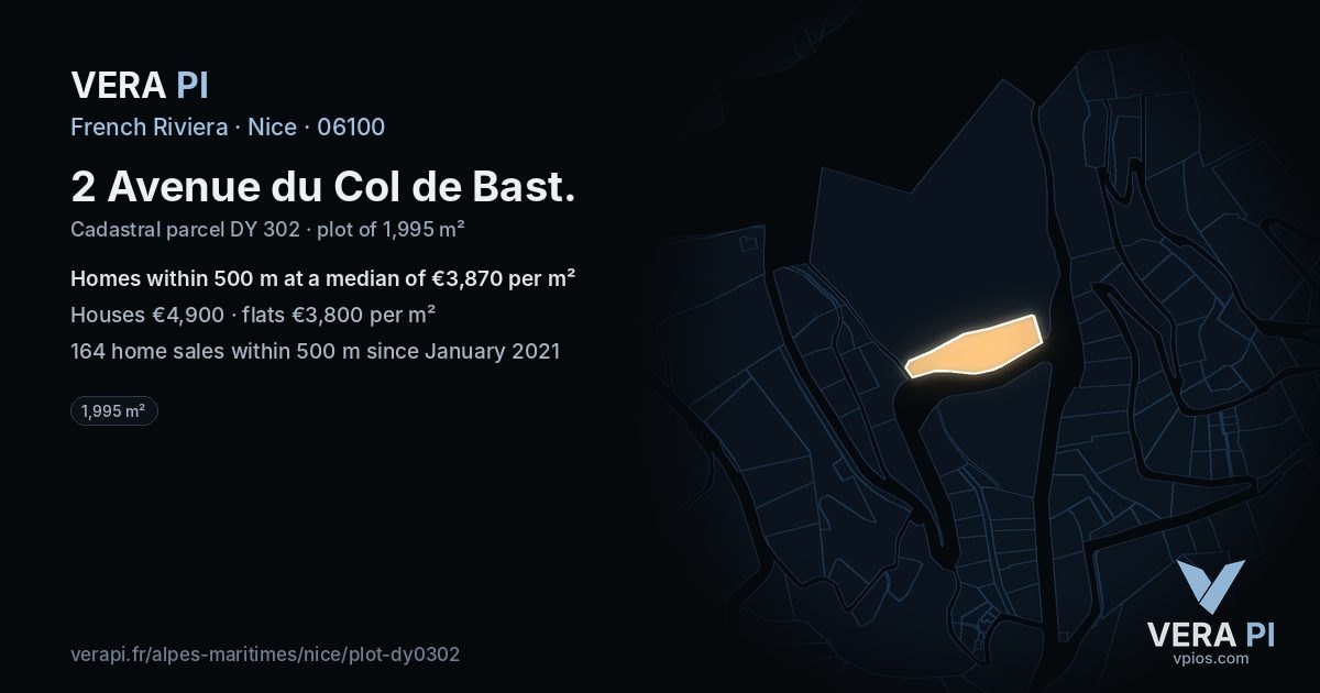 2 Avenue du Col de Bast, Nice at night – the plot lit, the parcels around coloured by the prices near them