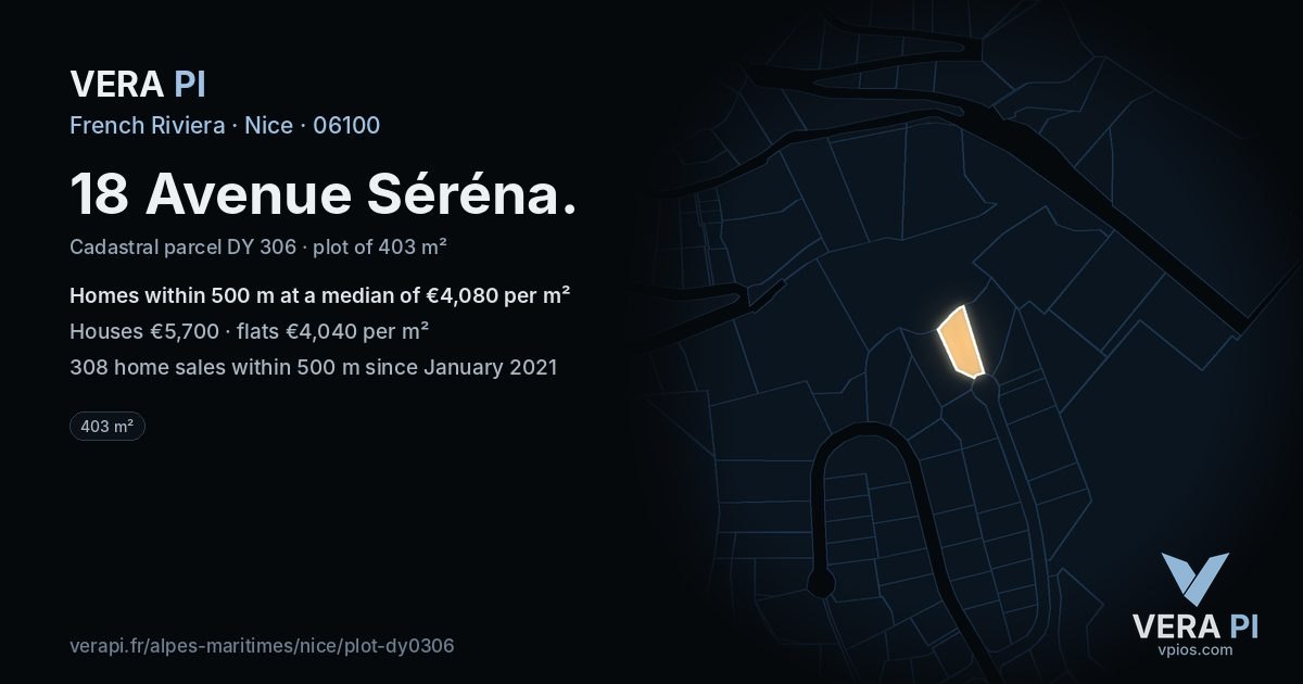 18 Avenue Séréna, Nice at night – the plot lit, the parcels around coloured by the prices near them