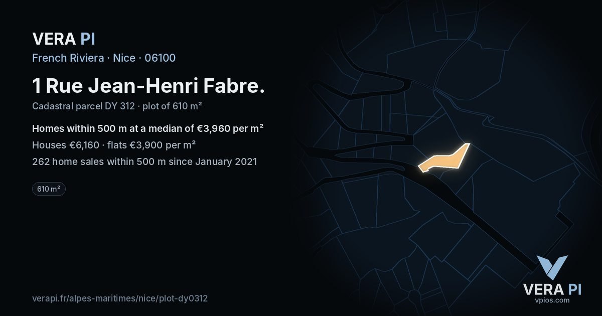 1 Rue Jean-Henri Fabre, Nice at night – the plot lit, the parcels around coloured by the prices near them