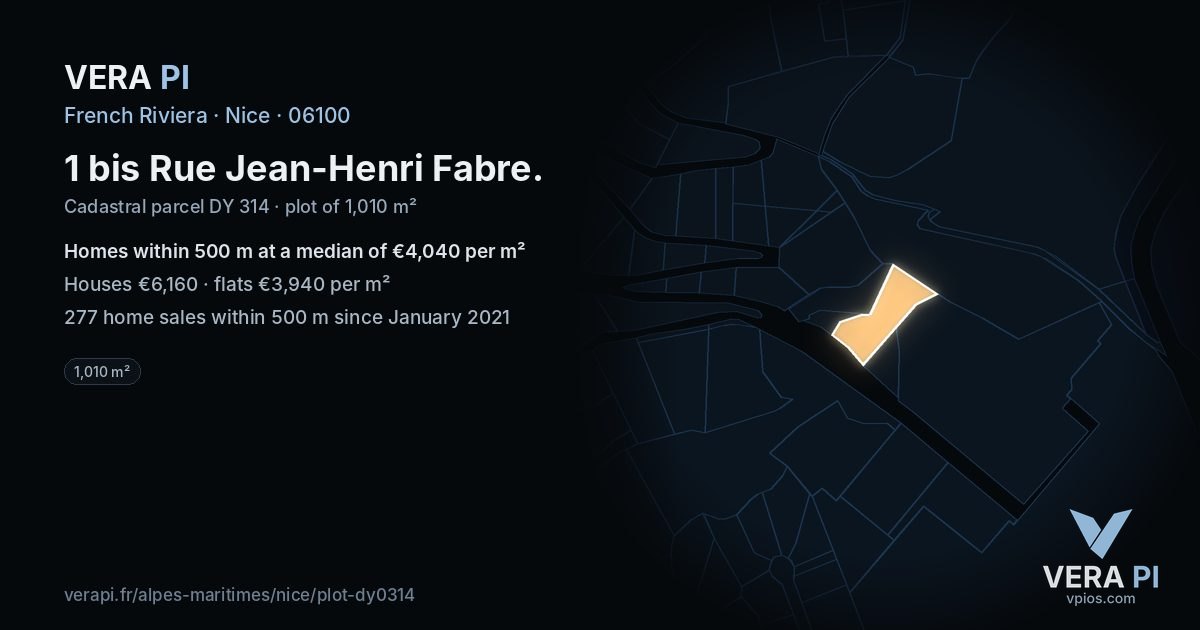 1 bis Rue Jean-Henri Fabre, Nice at night – the plot lit, the parcels around coloured by the prices near them
