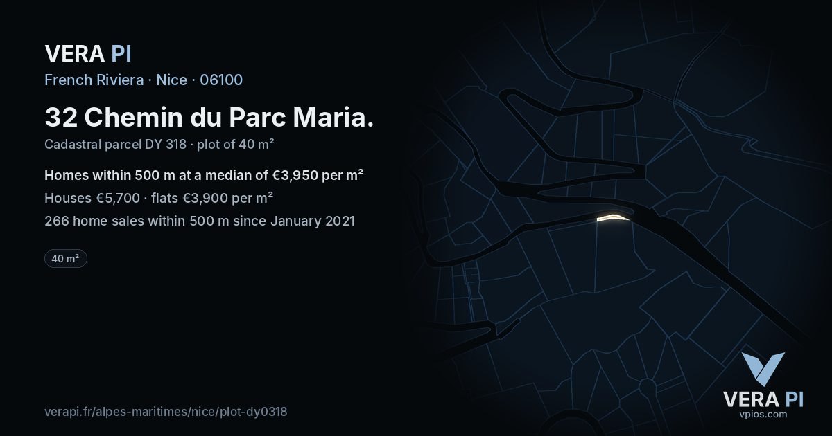 32 Chemin du Parc Maria, Nice at night – the plot lit, the parcels around coloured by the prices near them