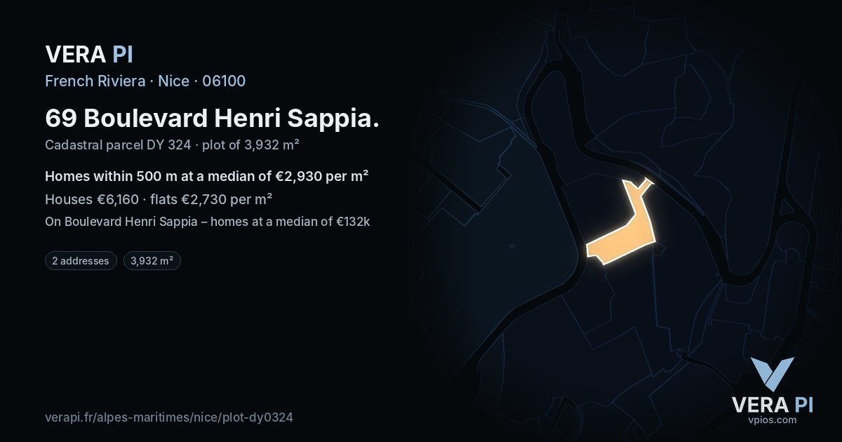 69 Boulevard Henri Sappia, Nice at night – the plot lit, the parcels around coloured by the prices near them