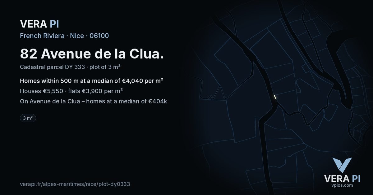 82 Avenue de la Clua, Nice at night – the plot lit, the parcels around coloured by the prices near them