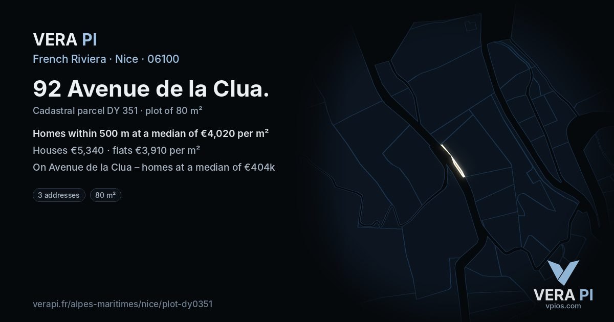 92 Avenue de la Clua, Nice at night – the plot lit, the parcels around coloured by the prices near them