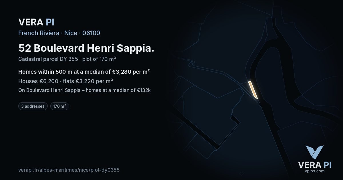 52 Boulevard Henri Sappia, Nice at night – the plot lit, the parcels around coloured by the prices near them