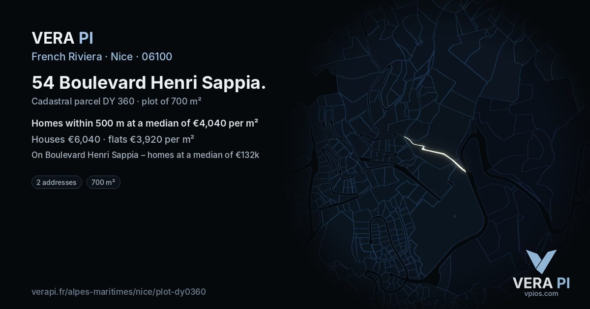 54 Boulevard Henri Sappia, Nice at night – the plot lit, the parcels around coloured by the prices near them