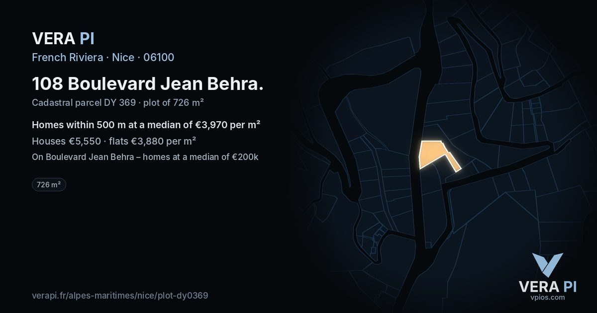 108 Boulevard Jean Behra, Nice at night – the plot lit, the parcels around coloured by the prices near them