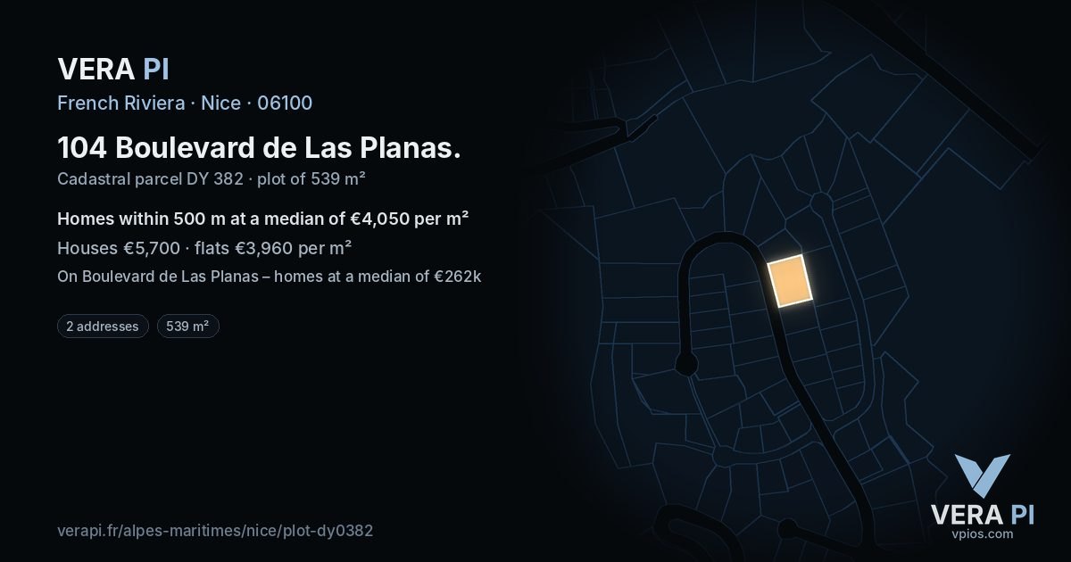 104 Boulevard de Las Planas, Nice at night – the plot lit, the parcels around coloured by the prices near them